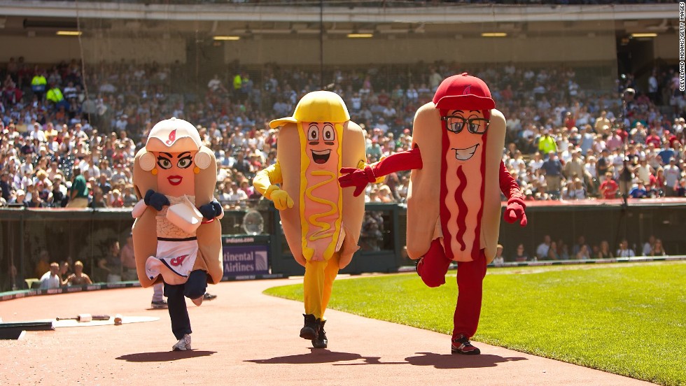 CLEVELAND, OH - JULY 13: Onion, Mustard and Ketchup race during the Hot Dog Derby during the game with the Tampa Bay Rays and the Cleveland Indians at Progressive Field on July 13, 2008 in Cleveland, Ohio. The Indians defeated the Rays 5-2. (Photo by Cleveland Indians/Getty Images)